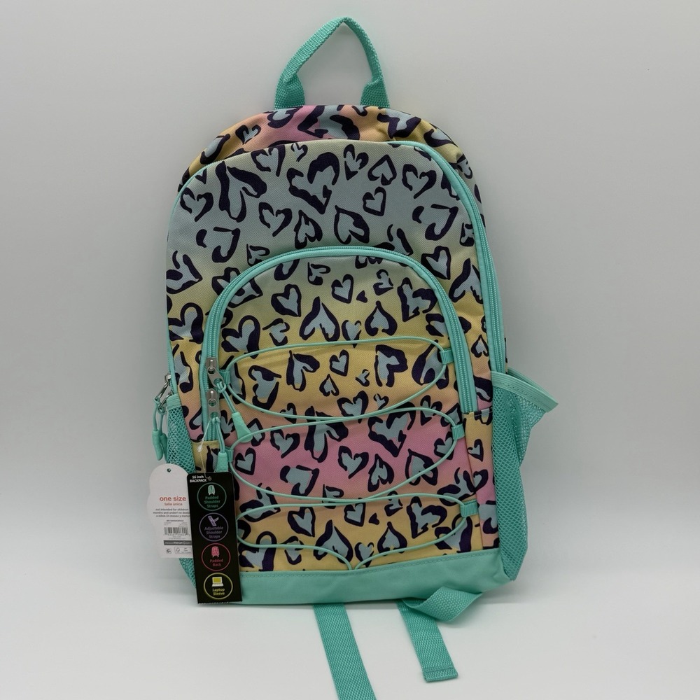 Wonder Nation Kids 16" Heart Leopard Backpack Multicolor Teal NWT Laptop Sleeve